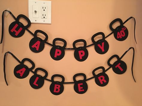 Kettle bell banner Gym Party Ideas, Gym Birthday Theme Party Ideas, Gym Birthday Decorations, Gym Party Theme, Fitness Party Theme Ideas, Workout Theme Party, Gym Theme Party Decoration, Crossfit Party Ideas, Crossfit Birthday Party Ideas