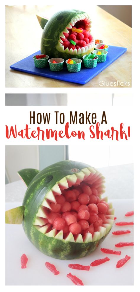 Shark Watermelon How To Make, Fun Watermelon Carving, Decorative Watermelon Carving, Shark Fruit Bowl, Fruit Fish Platter, Watermelon Carved Ideas, Shark Fruit Tray, Ocean Fruit Platter, Mermaid Watermelon Carving