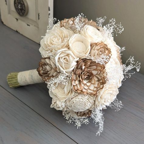 Bouquet with sola wood flowers in ivory and natural, with baby's breath. Size pictured is a medium (approximately 8" in diameter). Boho Flower Bouquet, Natural Bouquet, Dominican Republic Wedding, Wood Flower Bouquet, Wedding Decorating, Bouquet Toss, Brown Wedding, Baby S Breath, Wood Flowers