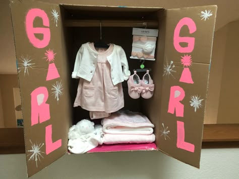 Gender Reveal Box With Clothes, Gender Reveal Ideas Wardrobe, Gender Closet Reveal, Gender Reveal With Closet, Gender Reveal Ideas Closet, Gender Reveal Wardrobe Idea, Small Gender Reveal Ideas Diy, Wardrobe Gender Reveal Ideas, Mini Gender Reveal Ideas