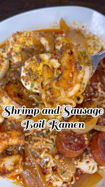 Shrimp And Sausage Boil, Shrimp Ramen Noodle Recipes, Shrimp Ramen Recipes, Sausage Boil, Seafood Ramen, Ramen Noodle Recipes Easy, Ramen Recipes Easy, Shrimp And Sausage, Seafood Boil Recipes