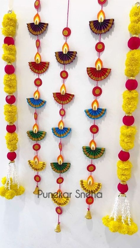 Quick Diwali Decor, Crochet Diwali Decoration, Handmade Toran Ideas For Diwali, Diwali Diy Ideas, Toran Making Ideas For Diwali, Diwali Handmade Decoration, Diy Toran Ideas For Diwali, Toran Making Ideas For Kids, Handmade Diwali Decoration Items