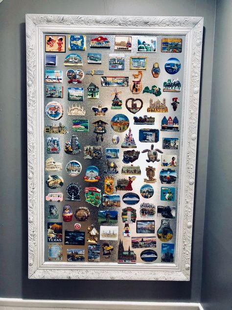 Displaying Magnets For Sale, Board For Magnets Ideas, Cute Magnet Board Ideas, Souvenir Magnet Display Board, Modern Magnetic Board, Travel Wall Display Ideas, Displaying Magnets Collection, Refrigerator Magnets Organization, Magnetic Board Ideas Decor