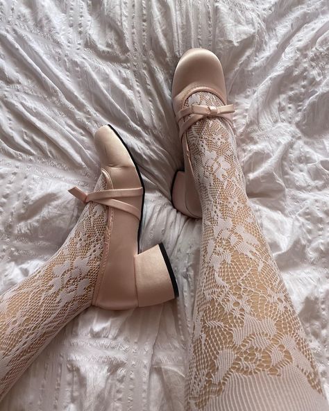 do not repost!  balletcore, mary janes, pink satin, lace tights, coquette aesthetic, ballet flats, girly Pink Ballet Flats Outfit, Tights With Flats, Pink Flats Outfit, Mary Jane Aesthetic, Barbie Shoot, Rose Macarons, Pink Coquette Aesthetic, Aesthetic Ballet, Ballet Flats Outfit