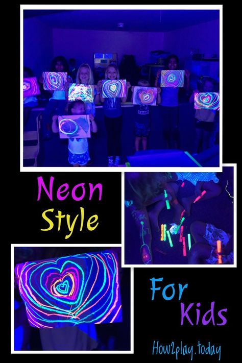 Let's explore Neon, Black lights, and anything that glows-in-the-dark!  We create and explore using Neon oil pastels, highlighters, black lights, and so much more.  Dress for the mess and a warning to parents, your children may end up fully covered in highlighters... {don't worry, it easily washes off}    Please, please, please don't stress about this mess.  This group of kiddos ranged from barely 3 years to 11 years old and everyone went home happy and stain free. Neon Preschool Activities, Glow In The Dark Sensory Bin, Glow In The Dark Elementary Art, Glow In The Dark Artwork, Glow In The Dark Art For Kids, Neon Activities For Kids, Neon Crafts For Kids, Glow Art Projects, Glow In The Dark Art Projects