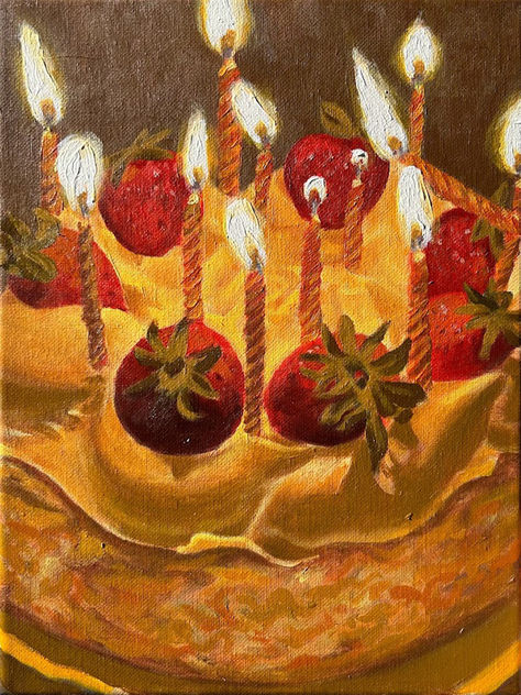 Birthday Cake Oil Painting, Cherry Oil Painting, Birthday Candle Painting, Celebration Art Gcse, Cake Oil Pastel, Strawberry Cake Painting, Birthday Canvas Painting, Cake Oil Painting, Birthday Painting Ideas