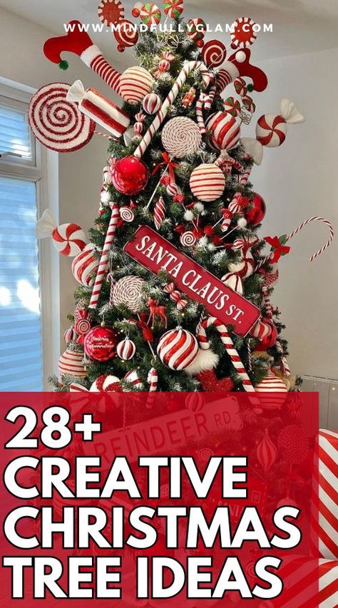 christmas tree ideas Red And Green Whimsical Christmas Tree, Candy Gingerbread Christmas Tree, Unusual Christmas Themes, Popcorn Theme Christmas Tree, Red Decorations Christmas Tree, Candy Cane Christmas Decorations Tree, Gumdrop Tree Christmas, Themes Christmas Tree, Gum Drop Tree