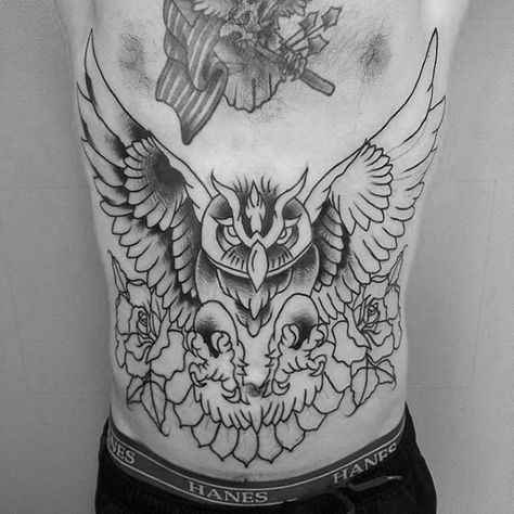 70 Traditional Owl Tattoo Designs For Men - Wise Ink Ideas Owl Stomach Tattoo, Traditional Owl Tattoo, Owl Skull Tattoos, Traditional Owl, Traditional Owl Tattoos, Eagle Wing Tattoos, Black Butterfly Tattoo, Tats Ideas, Wing Tattoos