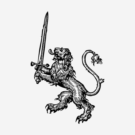 Heraldic lion with sword hand drawn illustration. Free public domain CC0 image. | free image by rawpixel.com Woodcut Tattoo, Medieval Tattoo, Medieval Drawings, Knight Tattoo, Clip Art Free, Tattoo Art Drawings, Black Ink Tattoos, Lion Tattoo, A Lion