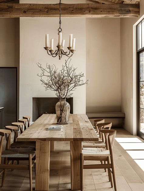 Warm and Inviting: Rustic Dining Room with Oak Table Rustic Dining Table And Chairs, Dining Table Instead Of Kitchen Island, Dining Table In Kitchen Ideas, 10 Foot Dining Table, White Rustic Dining Room, Minimalist Country Home, Dining Room Country Style, Rustic Dining Room Table Decor, Live Wood Table