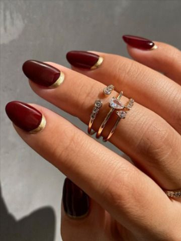 Burgundy Half Moon Nails, Red Nail Gold Tip, Maroon Nails Wedding, Burgundy Nails Gold Accent, Half Nails Design, Red And Gold Fall Nails, Half Moon Manicure Short Nails, Red Moon Nails, Gold And Maroon Nails