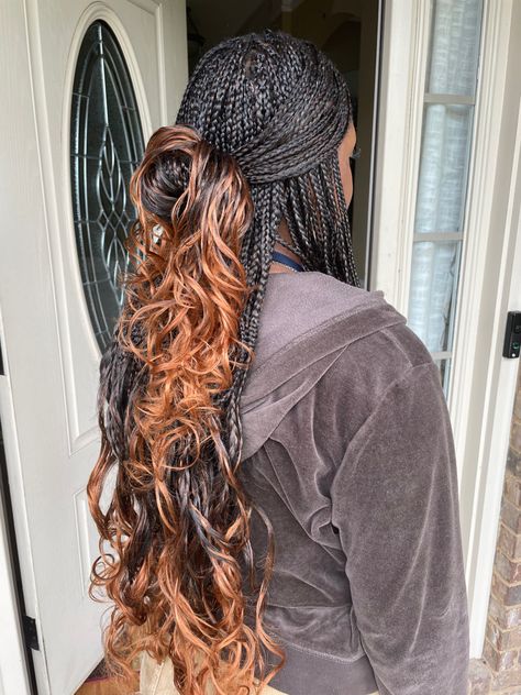 Ginger Brown French Curl Braids, Ginger Ombre Box Braids, Feathered French Braids, Ombré Ginger Braids, French Curls Braids Mid Back, Ombré Braids With Curls, Ombré French Curl Braids, Ombre Ginger Braids, Medium French Curl Box Braids