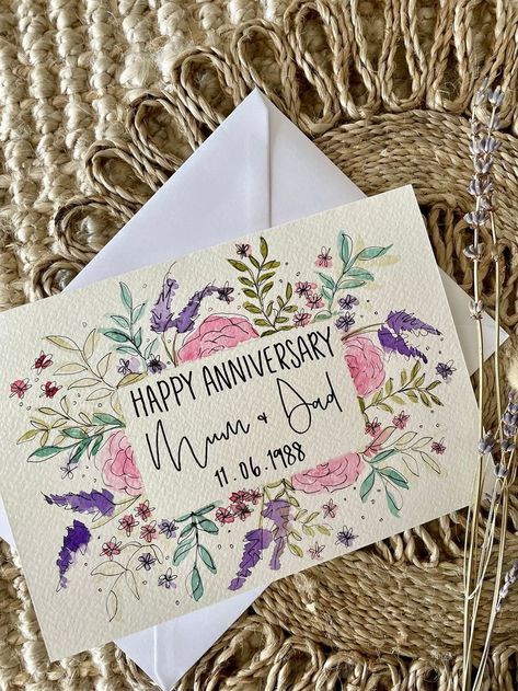 Watercolor Anniversary Card, Homemade Anniversary Cards, Aniversary Cards, Anniversary Card For Parents, Diy Anniversary Cards, Happy Anniversary Card, Happy Birthday Cards Diy, Painted Cards, Anniversary Cards Handmade