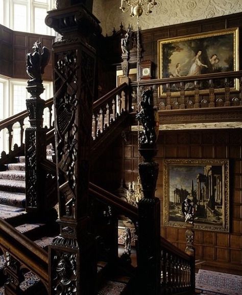 Elizabethan or Jacobean staircase. Gothic Staircase, Gothic Victorian Homes, Gothic Home Interior, Gothic Interior Design, Gothic Interior, Victorian Home Interior, Victorian Interior, Gothic Design, Gothic Home