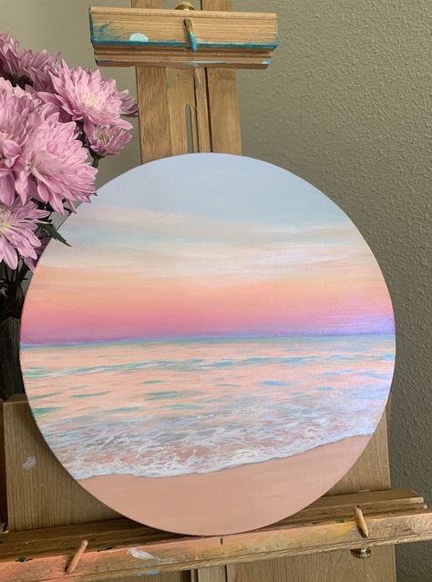 Pink Wall Art Painting, Acrylic Paint Small Canvas, Small Sketchbook Paintings, 12x12 Painting Ideas, 12x12 Canvas Painting Ideas, Beach Painting Ideas On Canvas, Beach Paintings On Canvas, Beach Painting Acrylic, Ocean Painting Acrylic