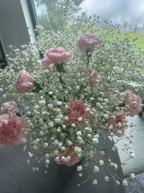 flower bouquet babys breath and pink flowers flower arrangements Baby Breathes Flower Bouquet, Baby's-breath Flower, Pink Flower Planter Ideas, Babies Breath Flower Arrangement, Daisies And Baby Breath, Baby Breaths Bouquet, Carnation And Baby Breath Bouquet, Baby Breathes Flower, Pink Roses And Baby Breath Bouquet