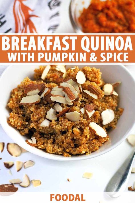 Get your pumpkin spice fix with a bowl of this warm and nourishing breakfast quinoa! Filled with pureed pumpkin and spices, drizzled with maple syrup, and then topped with nuts, it’s a cozy yet nutritious way to start your day. Read more now to add this recipe to your collection of favorites. #healthybreakfast #foodal Breakfast Quinoa Recipes, Quinoa Flakes, Breakfast Quinoa, Pumpkin Quinoa, Pumpkin Breakfast, Baked Breakfast Recipes, Quinoa Breakfast, Homemade Pumpkin Puree, Pure Vanilla