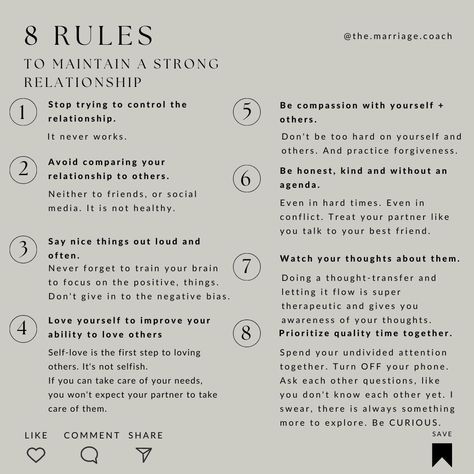 🌟 8 RULES FOR A STRONG RELATIONSHIP 1️⃣ Let go of control 2️⃣ Avoid comparisons 3️⃣ Speak words of love ... Becoming more conscious, aware of what we have already, and not was we are missing out on is key. Be thankful what your partner is doing, and say it. #positiveoutlook #consciousrelationship #marriagetruth #selfdevelopment #bestversion Couple Rules Relationships, Being A Conscious Partner, Relationship Pros And Cons List, Contempt In Relationship, Rules For Marriage, Pro And Cons List Relationship, Marriage Expectations List, 3 Month Rule Relationship, Relationship Expectations List