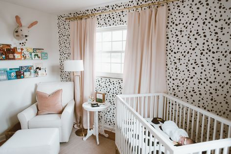 Dalmatian girls nursery White glider and ottoman Petal pink restoration hardware curtains Gold lamp Flynn pottery barn crib Pink Leopard Nursery, Black White And Pink Nursery, Dalmatian Nursery Ideas, Dalmation Nursery, Dalmatian Room, Dalmatian Nursery, Restoration Hardware Curtains, Leopard Nursery, Pottery Barn Crib