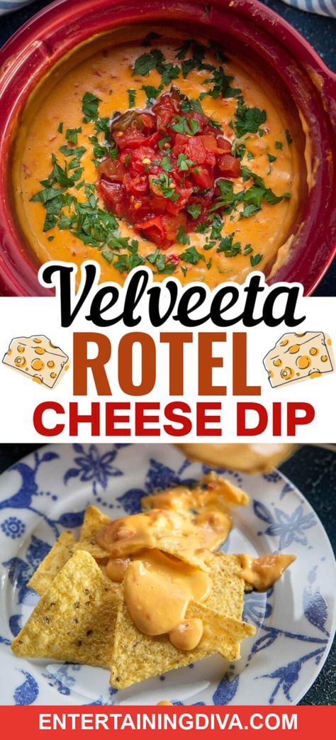 Easy Crockpot Velveeta Rotel Cheese Dip | Party Recipes Creamy Queso Dip, Velveeta Rotel, Rotel Cheese, Velveeta Cheese Dip, Rotel Cheese Dip, Cheese Dip Crock Pot, Super Easy Appetizers, Cheese Recipes Appetizers, Best Party Appetizers