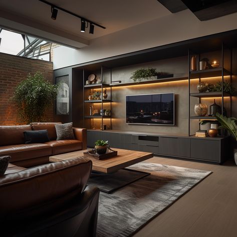 Funky Masculine Decor, Warehouse Loft Apartment Cozy, Modern Masculine Apartment, Sala Tv Industrial, Bachelor Pad Living Room Apartments, Media Room Wall Ideas, Spa Living Room Ideas, Masculine Tv Room, Masculine Interior Design Living Room