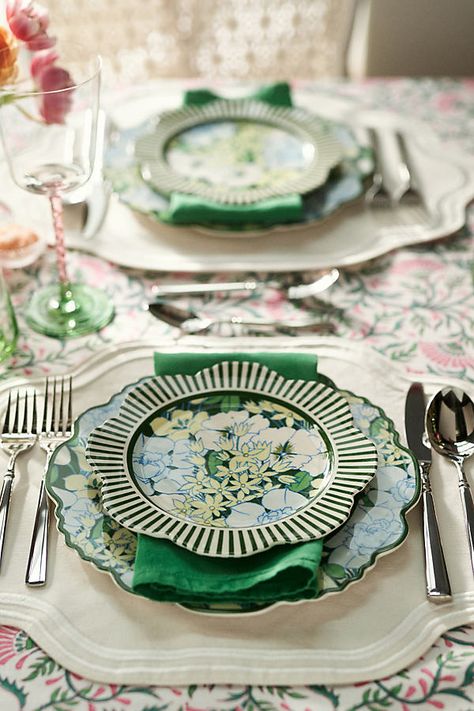 Perfect for family meals and special occasions, this steel flatware set lends a touch of elegance to your table. | Easton Flatware 5-Piece Place Setting by Anthropologie in Silver Antique Place Settings, Fine Dining Decoration Table Settings, Floral Charger Plates, Bridesmaid Luncheon Tablescapes, Eclectic Thanksgiving Table Setting, Party Settings Tables, Unique Wedding Table Settings, Colorful Place Setting, Blue And Green Tablescapes