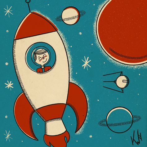 Vintage Rocket Illustration, Rocket Drawing Aesthetic, Mid Century Space Illustration, Retro Space Illustration, Retro Illustration 1950s, Midcentury Color Palette, 1950s Space Art, 50s Illustration, Midcentury Illustration