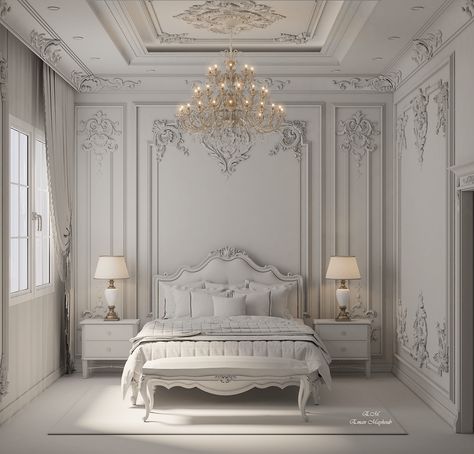 Neo Classical Interiors Bedroom, Neo Classical Bedroom, Bed Backdrop, Classical Bedroom, Classic Bedroom Design, Gypsum Design, Classical Interior, تصميم داخلي فاخر, Bedroom Interior Design Luxury