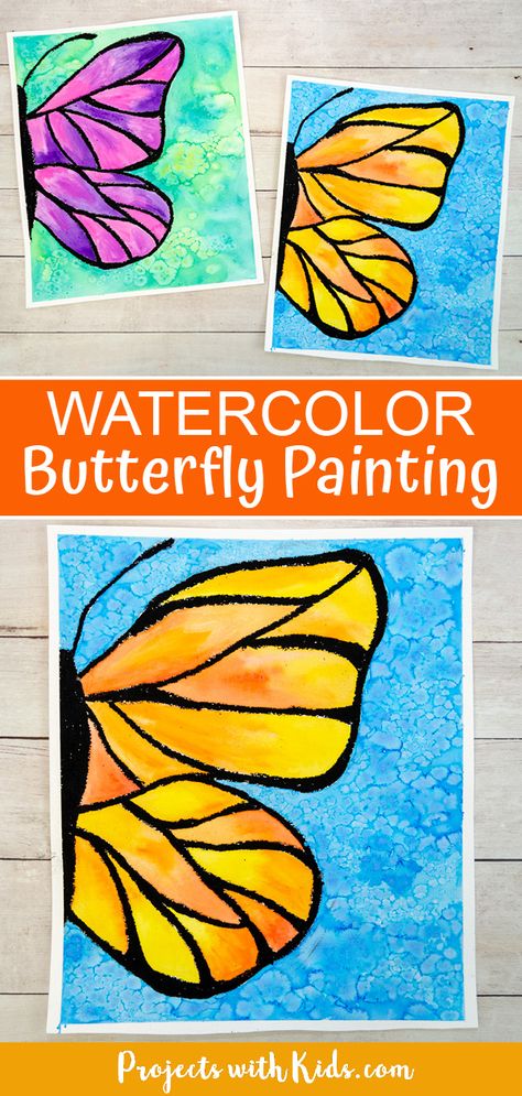 Spring Art Grade 3, 3rd Grade Art Projects Spring, Kid Watercolor Ideas, Kids Art Class Ideas, Butterfly Painting For Kids, Easy Watercolor Paintings For Kids, Spring Art And Craft, Kid Art Ideas, Grade One Art