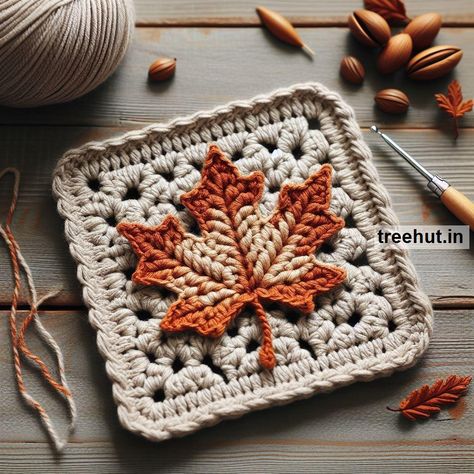 Leaf Crochet Coaster Ideas Jute Crochet Ideas, Spooky Crochet Squares, Leaves Granny Square, Crochet Ideas For Autumn, Leaf Crochet Granny Square, Pumpkin Crochet Granny Square, Maple Leaf Granny Square, Crochet Patterns Autumn, Cute Crochet Squares