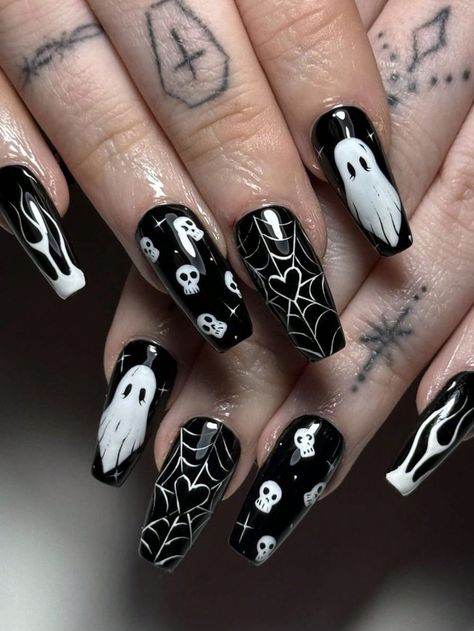 24pcs Halloween Press-On Nails Medium Ballet Black Spiderweb Heart Ghost Skull Design Glossy Full Coverage Reusable False Nails For Women Festival Wear Multicolor      Color Nails   Nail,Hand & Foot Care, size features are:Bust: ,Length: ,Sleeve Length: Ballet Black, Black Halloween Nails, Horror Nails, Spooky Nails, Skull Nails, Ghost Skull, Halloween Press On Nails, Halloween Acrylic Nails, Punk Nails