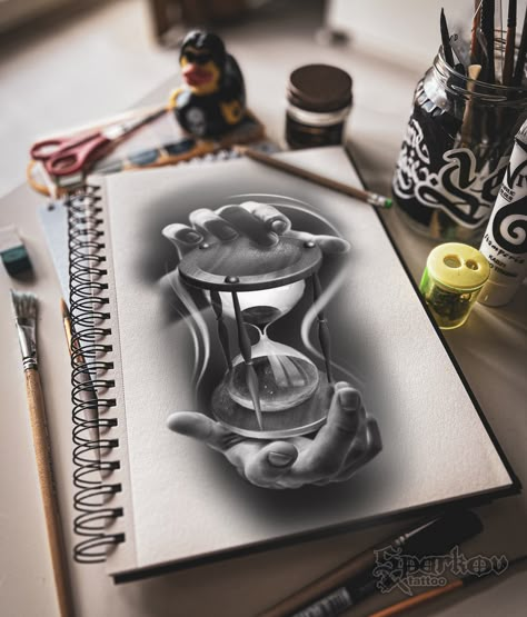 Hourglass with hands tattoo design by Nikolay Sparkov. #tattoodesign #tattoo #tattooidea #realistictattoo #sleevetattoodesign Hands Tattoo Design, Hourglass Tattoo Design, Painless Tattoo, Hands Tattoo, Black Art Tattoo, Hourglass Tattoo, Sleeve Ideas, Sleeves Ideas, Tattoo Sleeve Designs