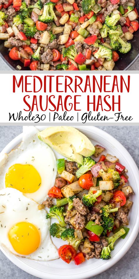 This is the easiest Whole30 and egg free breakfast! Mediterranean breakfast hash, or breakfast skillet, is a one pan recipe that comes together in under 30 minutes. It's full of hearty vegetables like potatoes, onions and broccoli, and seasoned to perfection. It's a perfect paleo or gluten-free meal prep recipe that reheats well, or family friendly option for a quick morning meal. #whole30breakfast #whole30eggfree #breakfastskillet #breakfasthash #glutenfree Whole 30 Hearty Meals, Morning Vegetables Breakfast Ideas, Mediterranean Diet Recipes Family Friendly, Paleo Breakfast Egg Free, Quick Mediterranean Breakfast, Mediterranean Sausage Recipes, Mediterranean Diet Recipes For Breakfast, Paleo Mediterranean Recipes, Mediterranean Breakfast Bowl