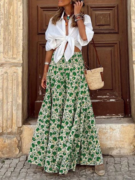 Women's Ruffled Hem Waist Tie Allover Print Palazzo Pants For Vacation Green Boho   Fabric Colorblock,Floral,Plants,All Over Print Wide Leg Non-Stretch  Women Clothing, size features are:Bust: ,Length: ,Sleeve Length: Boho Palazzo Pants Outfit, Goa Outfits, Outfit Collection, Printed Palazzo Pants, Boho Fabric, Boho Green, Women Pants, Palazzo Pants, Waist Tie