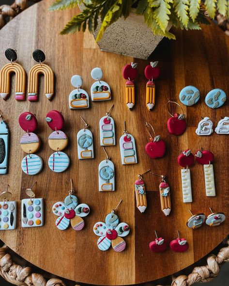 Last day to stock up on Teacher Earrings for Teacher Appreciation and end of the year 15% off! 🍎 the Teacher Collection is linked on our stories 🫶🏻 #teacherearrings #teacheroutfit #teacherappreciationgift Polymer Clay School Earrings, Teacher Earrings Diy, Clay Teacher Earrings, Teacher Polymer Clay Earrings, Teacher Earrings Clay, Teacher Clay Earrings, Earrings For Teachers, Clay Cactus, Teacher Jewelry