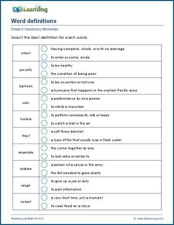 Students select the best definition for each word. Free | Vocabulary | Worksheets | Grade 5 | Printable Vocabulary Words For Grade 3, Grade 3 Vocabulary Words, Vocabulary Worksheets For Grade 2, Grade 5 Vocabulary Worksheets, Vocabulary Worksheets Intermediate, Kindergarten Grammar, Early Science, Cursive Writing Worksheets, Comprehension Exercises