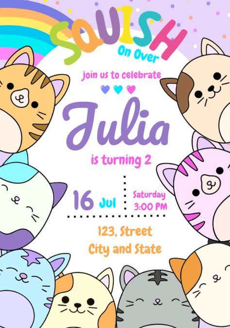 Edite grátis você mesmo usando nosso editor online | Design by Julia Berdugo | Digital Invitation Squishmallow Themed Birthday Invitation

The perfect Squishmallow Themed Birthday Invitation invitation for your event!

Customize your invitation to your liking with our online editor

Our digital $theme invitation is fully customizable. You can change the text, font, colors, and even add photos. It's easy to use and you can create the perfect invitation in minutes using our online editor. Squish Mellows Birthday Party Ideas, Squishmallow Birthday Party Free Printable, Squishmallow Party Invitations, 7th Birthday Theme Girl, Squishmallows Invitations, Squishmallow Birthday Shirt, Squishmallow Themed Birthday Party, Squishmallow Birthday Invitation, Sqishmelow Birthday