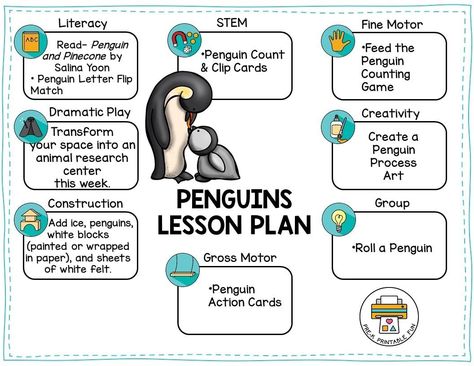 Download this free lesson plan for your Penguins theme! Subscribe to our newsletter and receive 50+ Preschool Lesson plans (including this one) delivered to your inbox for free! #prekprintablefun #preschool #teachersofinstagram #teachersfollowteachers #teachersofig #earlychildhoodeducation #earlychildhood #earlylearning Penguin Preschool Activities, Preschool Penguin, Penguin Preschool, January Lesson Plans, Daycare Spaces, Daycare Lesson Plans, Winter Lesson Plan, Penguin Activities, Daycare Themes