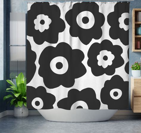 "Matching bath mat: https://www.etsy.com/BundleofHappinessCo/listing/972856463/boho-bath-mat-retro-poppies-bohemian Transform your bathroom in an instant with one of our stylish modern abstract shower curtains! These shower curtains are fun and functional eye-catchers and one of the quickest and easiest ways to update your bathroom's look and feel. Size (width x length): 71 x 74\" (Please note: size may vary ca. 2-2.5 inches) Made of durable yet light and quick drying 100% woven poplin polyester Shower Curtain Black And White, Curtain Black And White, Bohemian Shower Curtain, Boho Bath Mat, Shower Curtain Black, Retro Shower Curtain, Minimalist Showers, Extra Long Shower Curtain, Black Shower Curtains