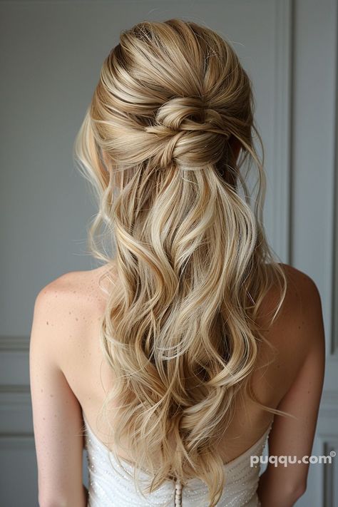 Half Up Half Down Hairstyles - Perfect for Your Special Night - Puqqu Beach Wave Formal Hairstyles, Natural Bridal Hairstyles For Long Hair, Loose Pony Wedding Hair, Voluminous Wedding Hair Half Up, Half Up Half Down Wedding Hair With Curtain Bangs, Hair Up And Down, Updo Hairstyles Half Up Half Down, Engagement Photo Hairstyles Long, Bridesmaid Hair Fine Hair