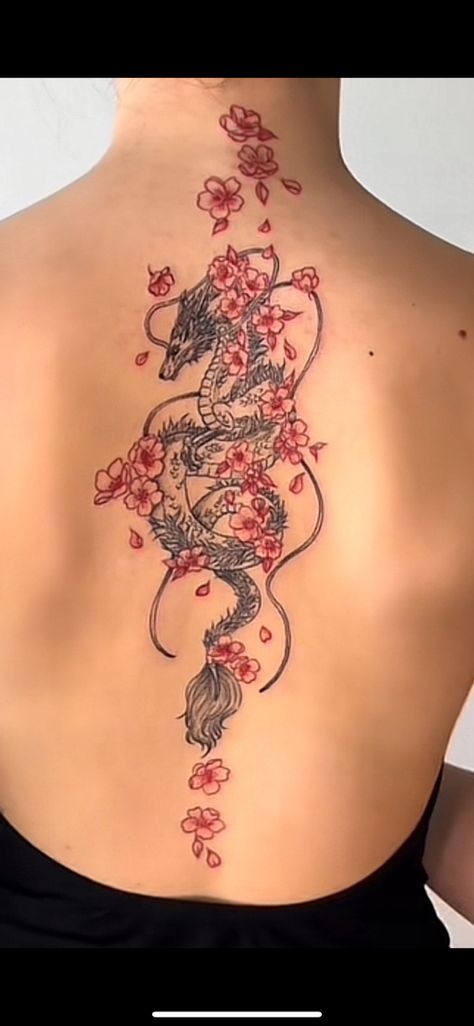 Red Spine Tat, Back Tattoos Dragon, Dragon And Flower Spine Tattoo, Spine Tattoo Cover Up Ideas, Unique Spine Tattoos For Women Dragon, Spinal Tattoo Women Dragon, Dragon Tattoo With Red Flowers, Japanese Spine Tattoo Women, Chinese Dragon Tattoos For Women