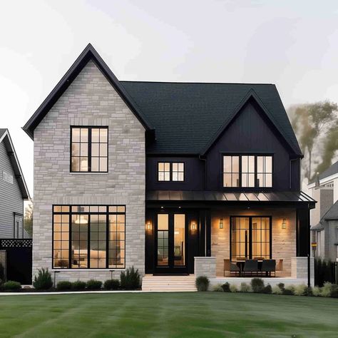 The Escapade - Lexis Homes Modern Traditional Home Exterior, Black Home Exterior, Tudor House Exterior, Modern Cottage Homes, Transitional Exterior, Black Houses, Contemporary House Exterior, Modern Contemporary Homes, Suburban House