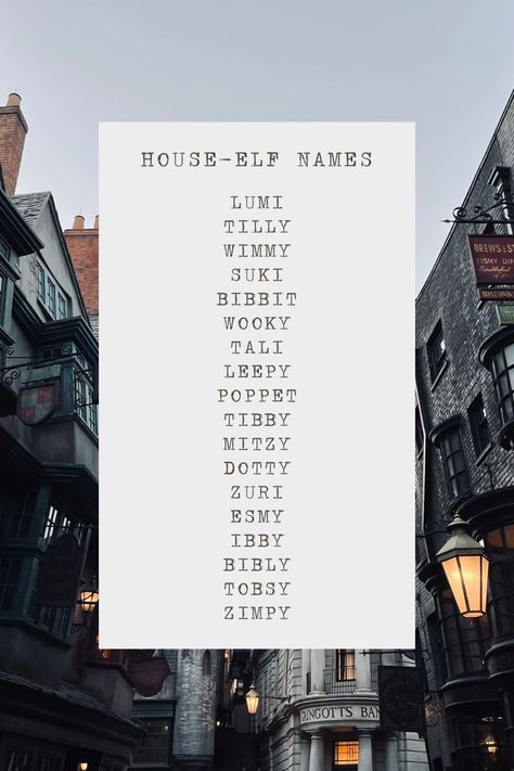 house-elf names:
lumi
tilly
wimmy
suki
bibbit
wooky
tali
leepy
poppet
tibby
mitzy
dotty
zuri
esmy
ibby
bibly
tobsy
zimpy Harry Potter Inspired Names, Harry Potter Name Ideas, House Elves Harry Potter, Harry Potter Names, Harry Potter Script, House Elf, Elf Names, Hogwarts Dr, Fantastic Beast