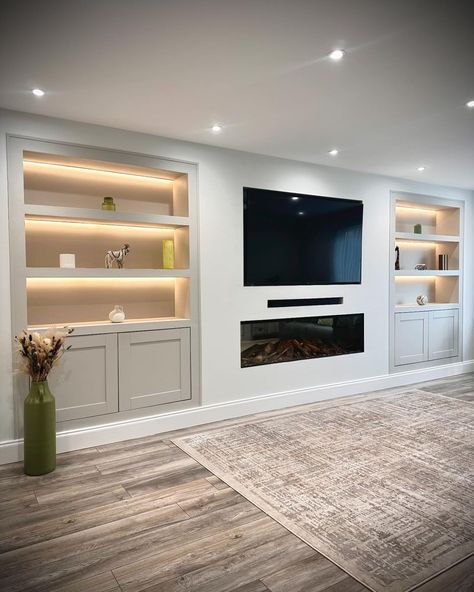 media wall with fireplace • Instagram Media Wall Living Rooms, Tv Fire Media Wall, Built In Floating Tv Unit, Media Wall Long Room, Living Room Large Tv Wall Ideas, Large Living Room Built Ins With Tv, Tv Wall Design Built In, Media Wall In Living Room, Build In Media Wall