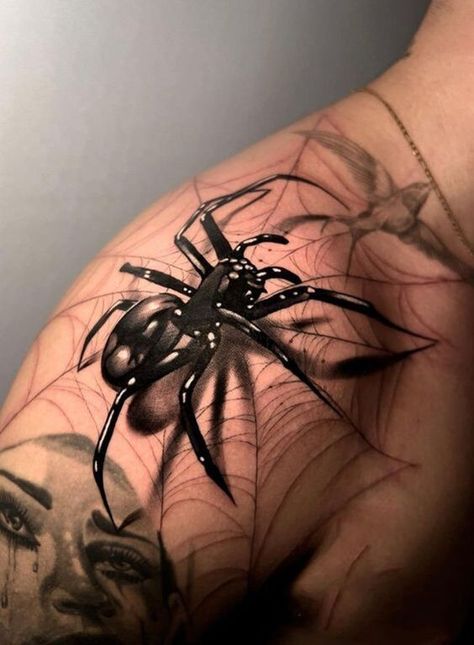 Spectacular Spider-Man Tattoo Trends of 2024 - Designs & Ideas Spider Arm Tattoos Men, Spider Shoulder Tattoos For Women, Spider Shoulder Tattoo Men, Spider Tattoo On Shoulder, Spider Tattoos Men, Spider Web Tattoo Stencil, Spider Shoulder Tattoo, Spider Tattoo Shoulder, Spider Back Tattoo