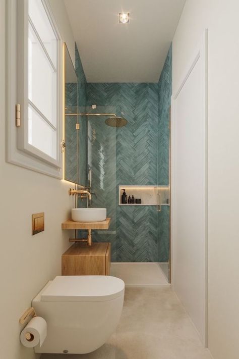 #GoTinySpace #SmallBathroom #SmallBathroomIdeas Small Bathroom Interior, Narrow Bathroom, Bilik Mandi, Bathroom Redesign, Bathroom Design Decor, Downstairs Bathroom, Small Bathroom Storage, Bathroom Inspiration Decor, Tiny Bathroom