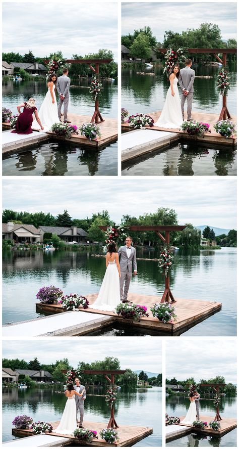 Lake Weddings Ceremony, Wedding On Water Ideas, Wedding Ceremony On Dock, Lake Wedding Simple, Whimsical Lake Wedding, Dock Decorations For Wedding, Wedding On The Lake Ideas, Casual Lake Side Wedding, Weddings On The Water