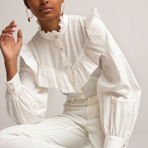 La Redoute Cotton Ruffled Shirt with High-Neck Vintage Style Blouses, High Neck Shirts, Fancy Shirt, Jeans Petite, Gibson Girl, Clothing Photography, Ruffle Shirt, Professional Outfits, Casual Summer Outfits