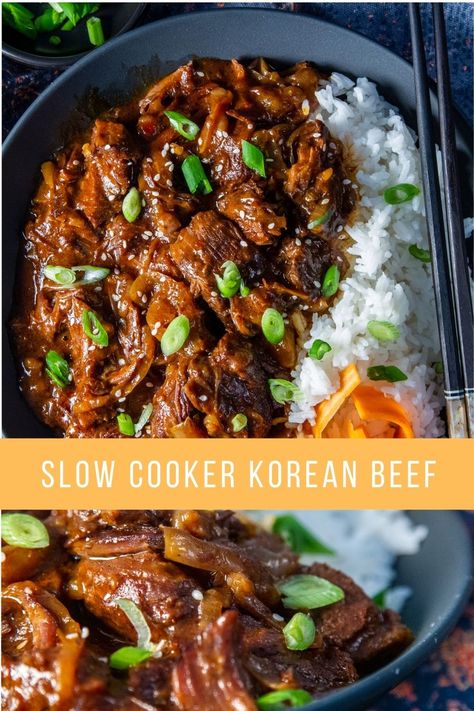 Slow Cooker Korean Beef - Slow cooker Korean Beef is a mouth wateringly aromatic dish. Tender chunks of beef are slowly cooked in a sweetly spiced dark and sticky sauce. Serve with plump jasmine rice, this one is not to be missed! Beef Chunks Slow Cooker Recipes, Slow Cooker Bulgogi Beef, Slow Cooker Chinese Beef, Slow Cooker Minced Pork, Slow Cooker Minced Beef Recipes, Brisket Slow Cooker Recipes, Autumn Slow Cooker Recipes, Chinese Slow Cooker Recipes, Slow Cooker Vegetables