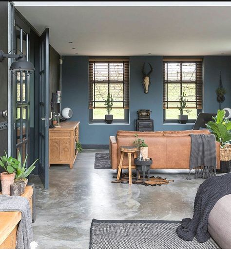 Concrete Floors Bedroom, Olive Room, Concrete Floors Living Room, Concrete Kitchen Floor, Hippie House, Concrete Interiors, Gravity Home, Concrete Floor, Blue Living Room